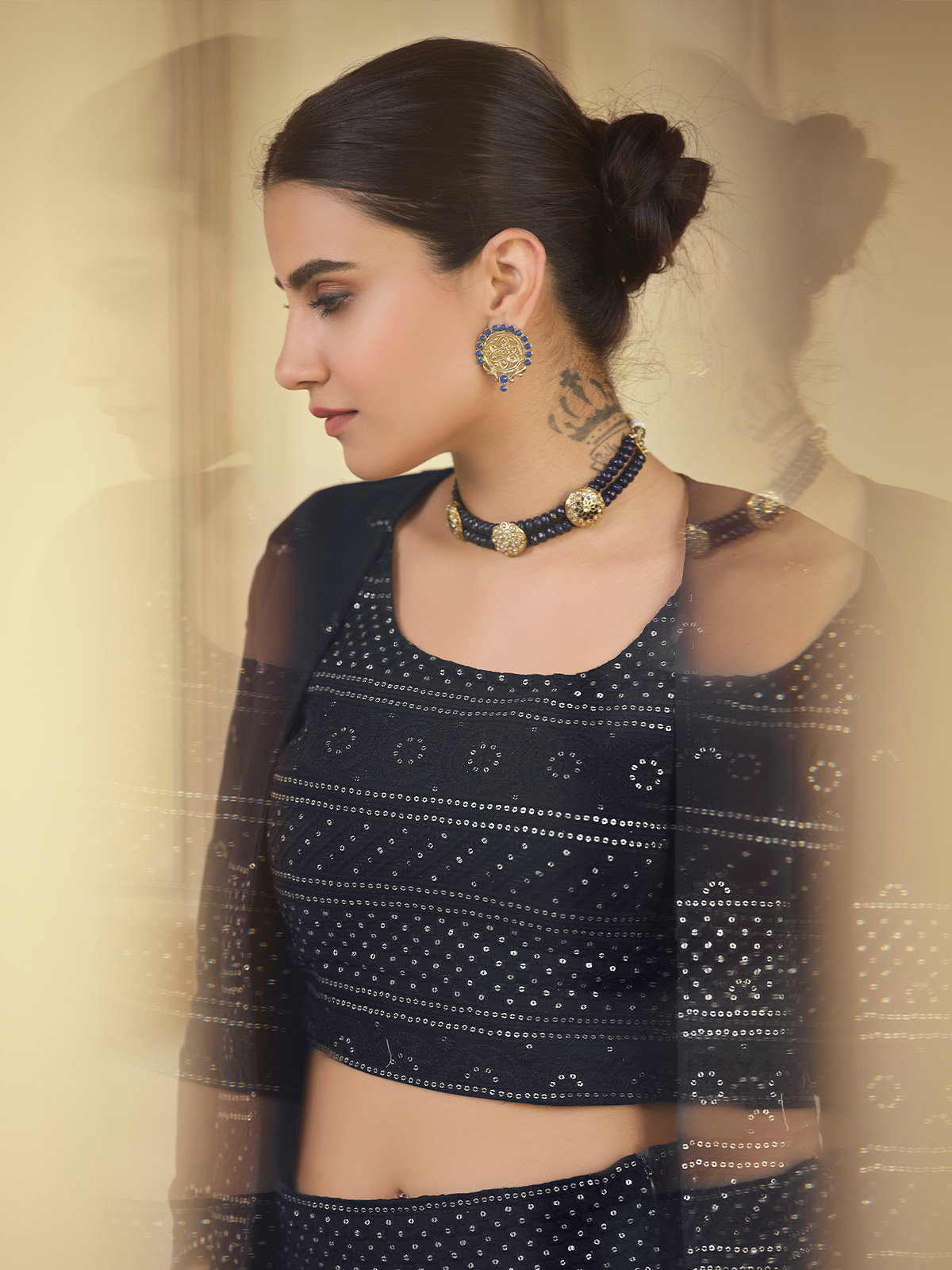 Odette Women Dark Blue Embroidered Georgette Semi Stitched Lehenga With Unstitched Blouse