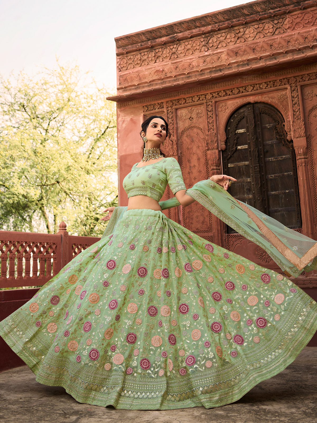 Odette Olive Embroidered Organza Semi Stitched Lehenga With Blouse For Women