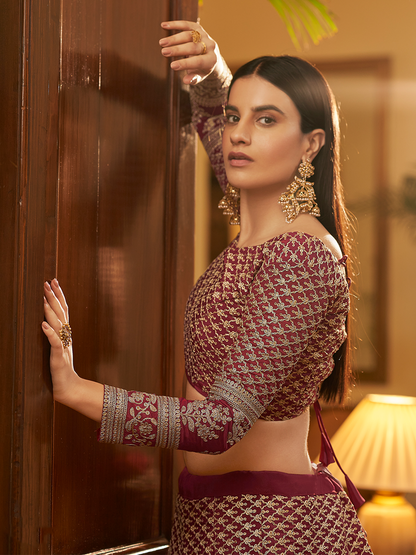 Odette Women Violet Embroidered Semi Stitched Lehenga With Unstitched Blouse