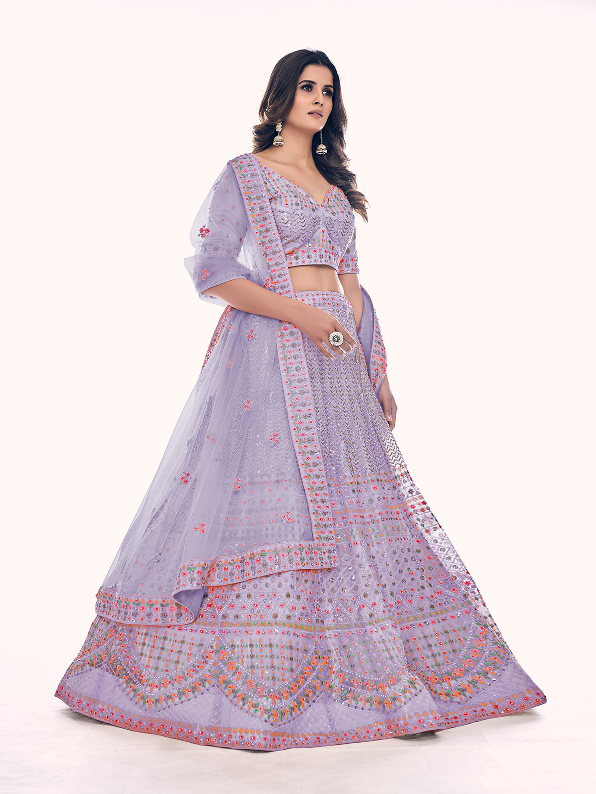 Odette Lavender Embroidered Soft Net Semi Stitched Lehenga With Blouse For Women