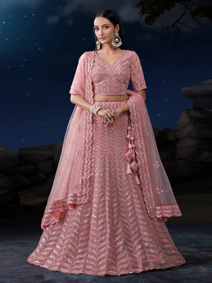 Odette Pink Embellished Soft Net Semi Stitched Lehenga With Blouse For Women