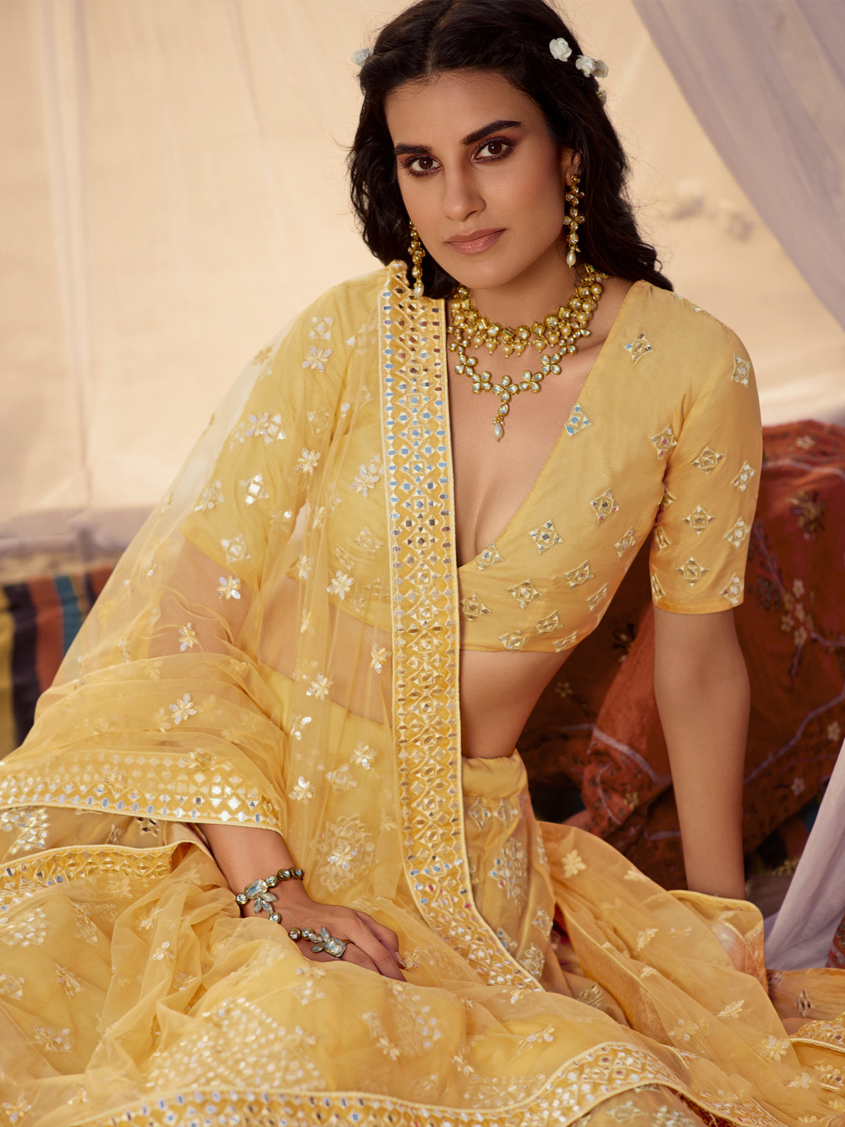 Odette Mustard Embroidered Organza Semi Stitched Lehenga With Blouse For Women