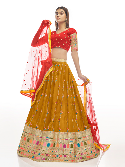 Odette Women Mustard Embroidered Georgette Semi Stitched Lehenga With Unstitched Blouse