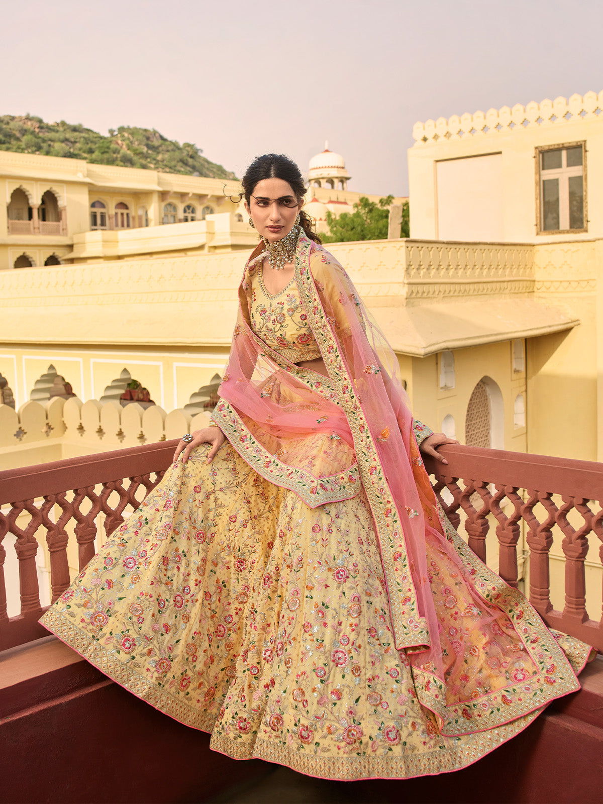 Odette Yellow Embroidered Organza Semi Stitched Lehenga With Blouse For Women