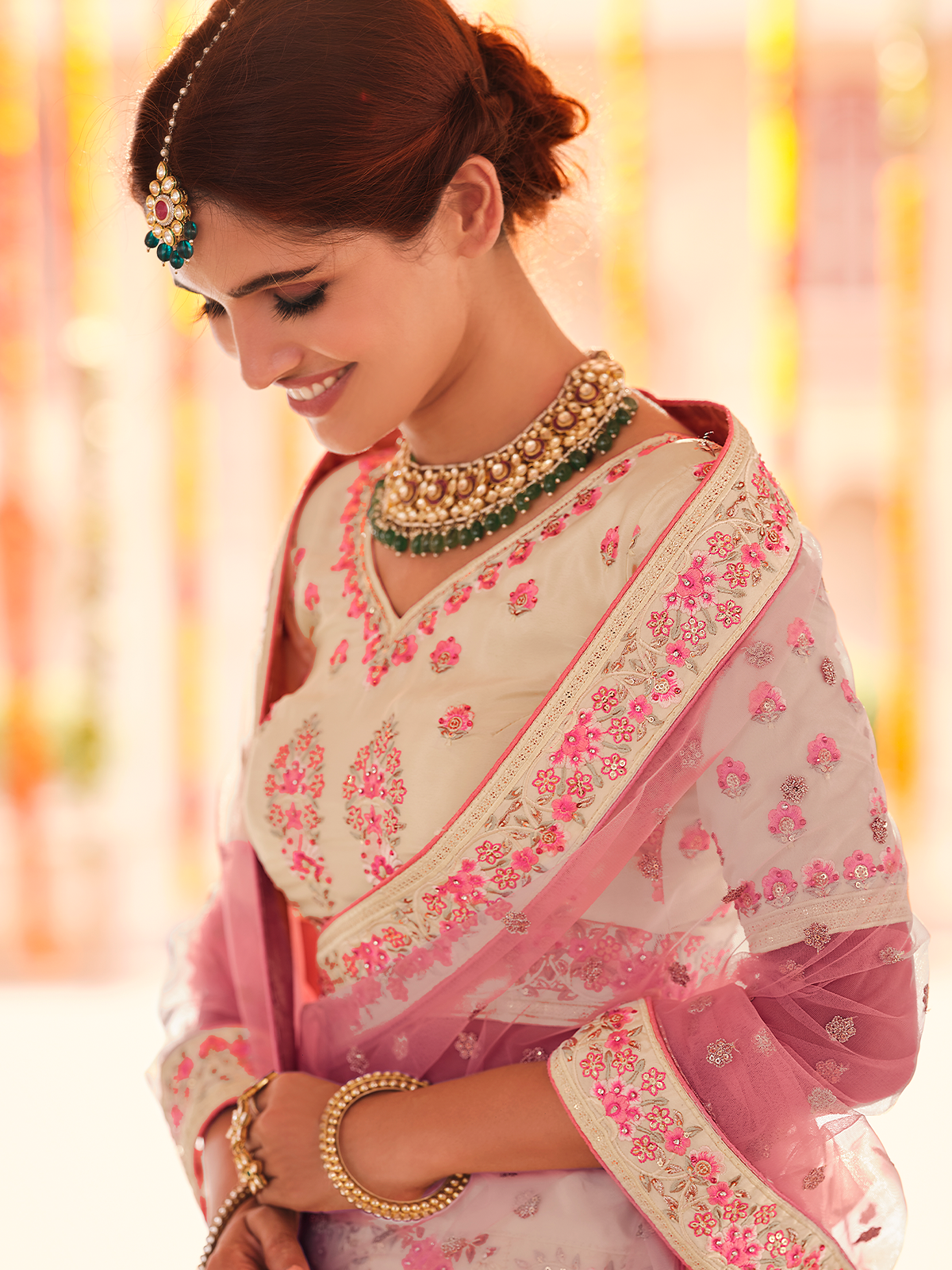 Odette Women Beige Embroidered Crepe Semi Stitched Lehenga With Unstitched Blouse