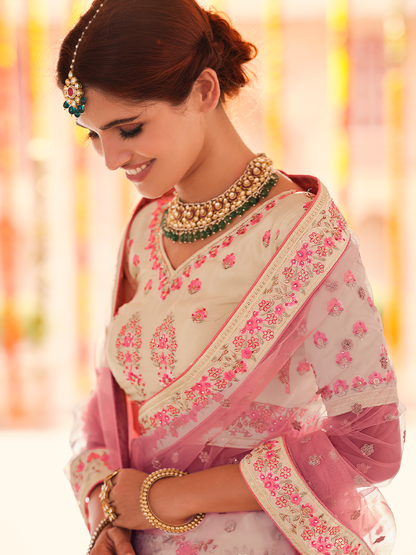 Odette Women Beige Embroidered Crepe Semi Stitched Lehenga With Unstitched Blouse