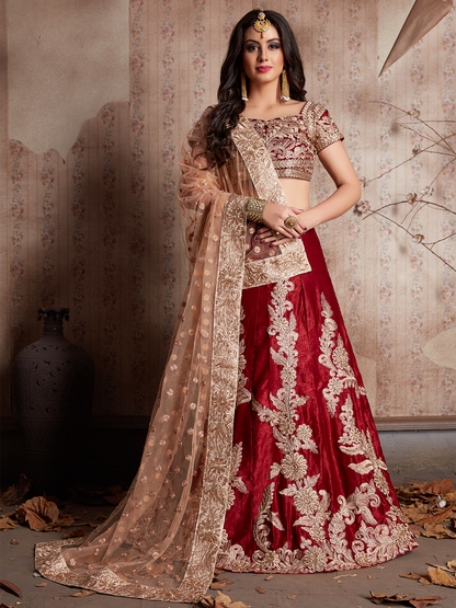 Odette Women Maroon Embroidered Semi Stitched Lehenga With Unstitched Blouse