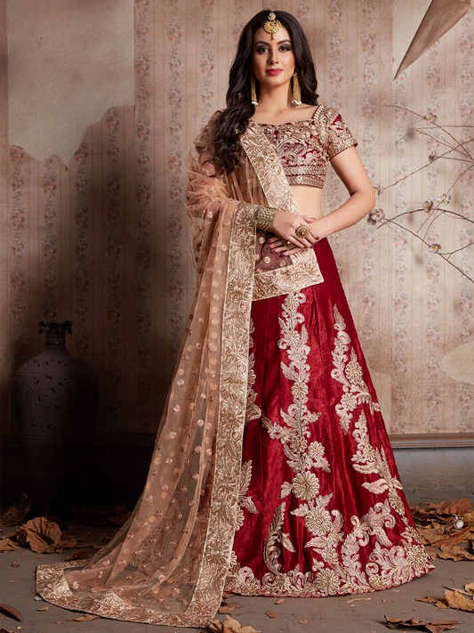 Odette Women Maroon Embroidered Semi Stitched Lehenga With Unstitched Blouse