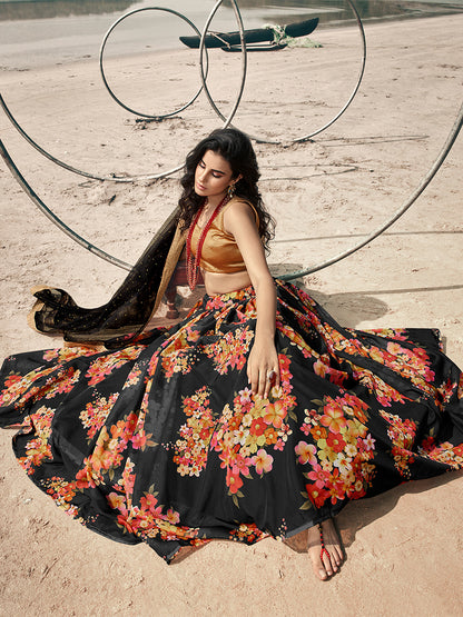 Odette Black Printed Organza Semi Stitched Lehenga With Blouse For Women