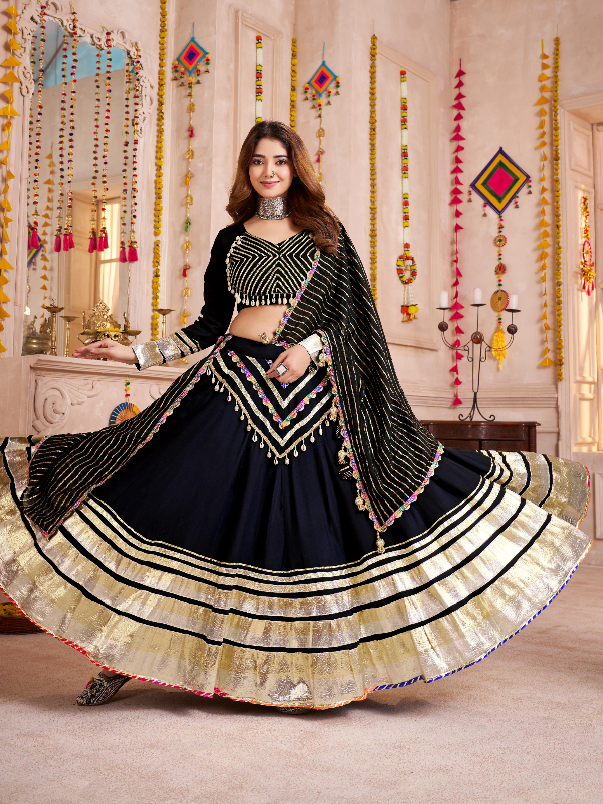 Odette Black Viscose Cotton Embroidered Semi-Stitched Lehenga Choli For Women