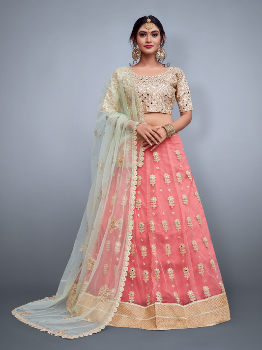 Odette Women Pink Embroidered Art Silk Semi Stitched Lehenga With Unstitched Blouse