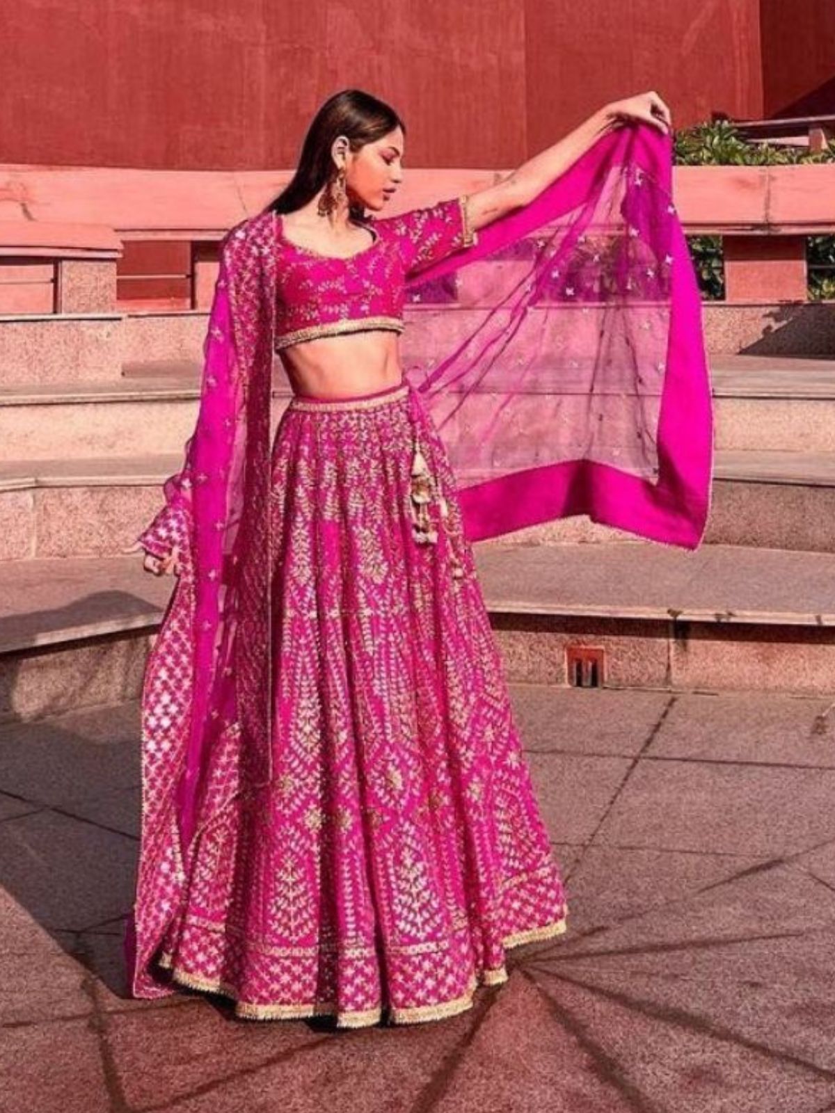 Odette Pink Silk Blend Embellished Semi-Stitched Lehenga For Women