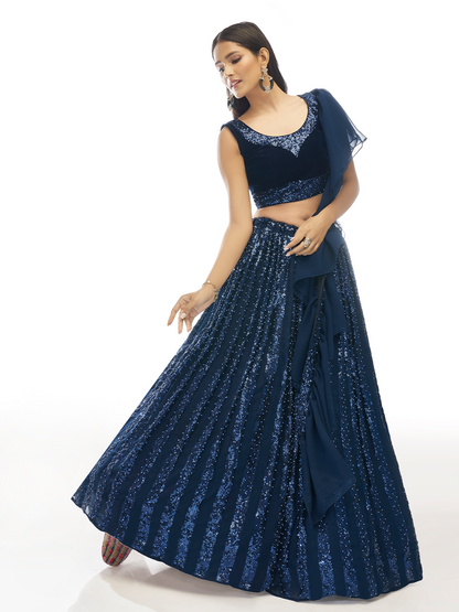 Odette Dark Blue Embroidered Velvet Semi Stitched Lehenga With Unstitched Blouse For Women