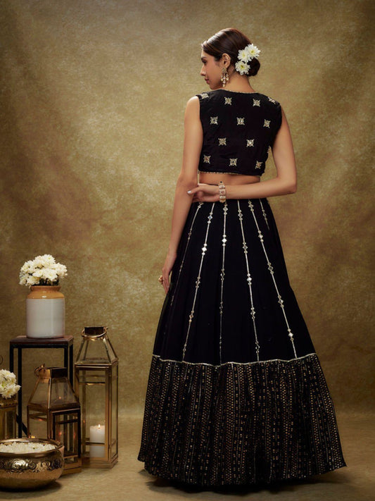 Odette Black Georgette Embellished Semi-Stitched Lehenga For Women
