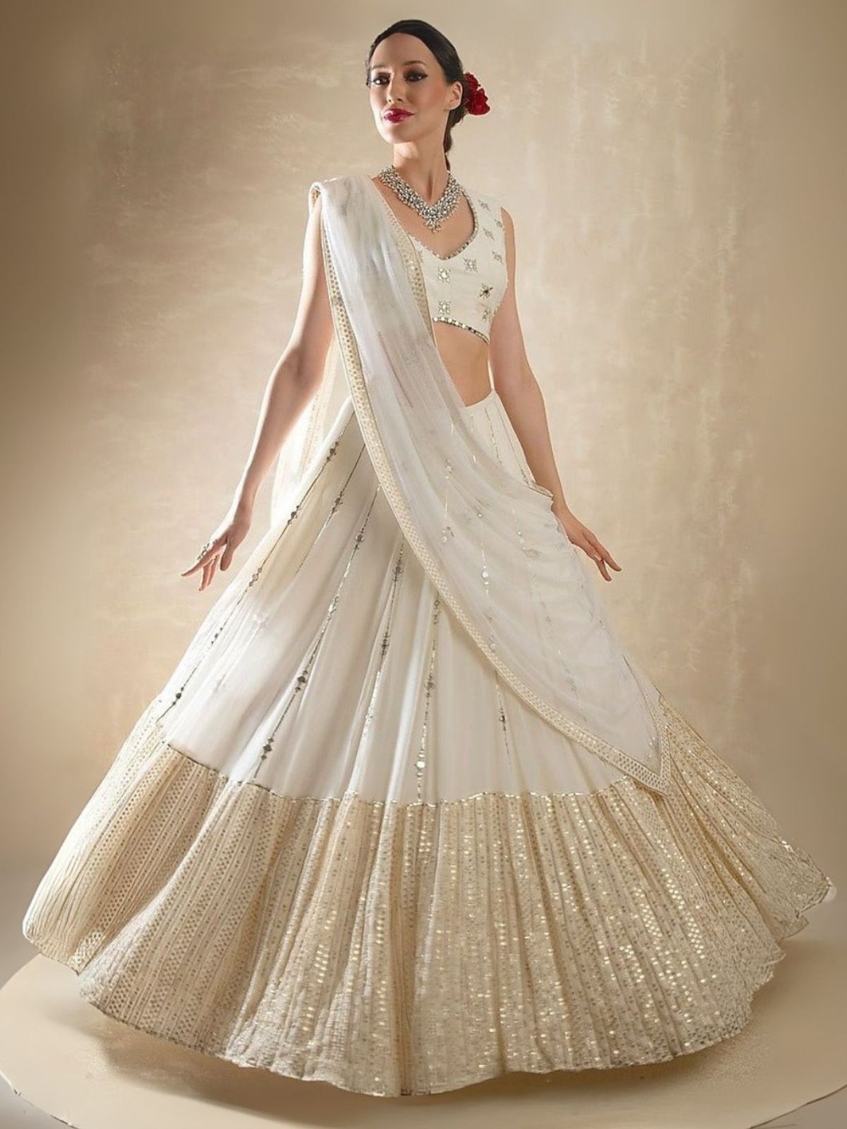 Odette White Georgette Embellished Semi-Stitched Lehenga For Women