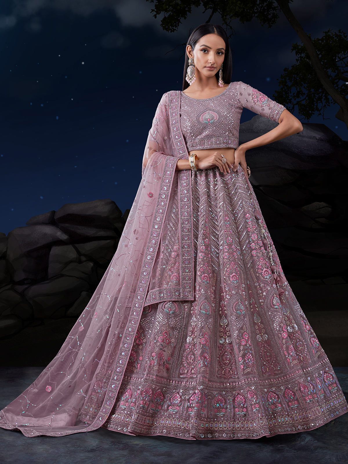 Odette Mauve Embroidered Soft Net Semi Stitched Lehenga With Blouse For Women