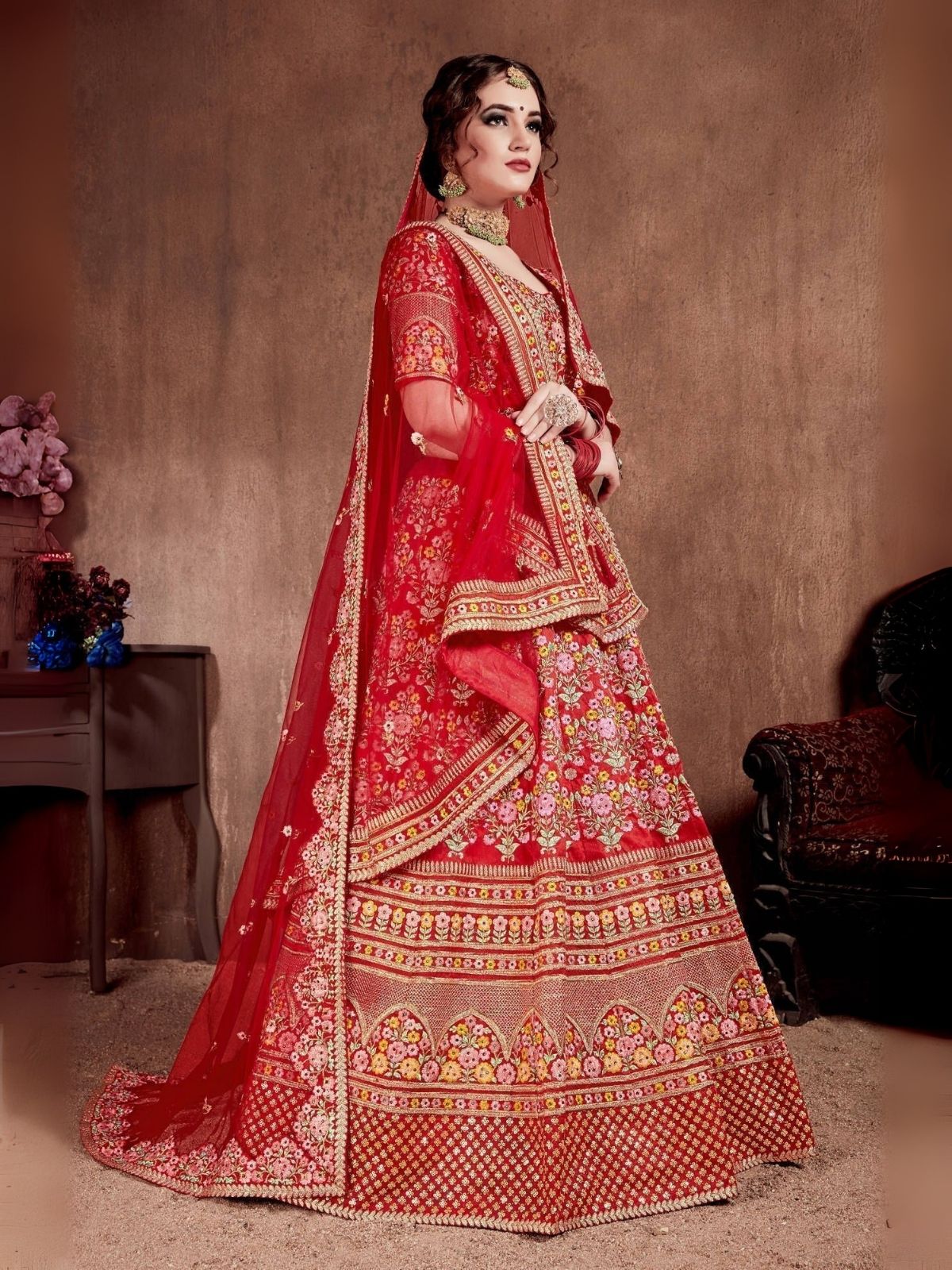 Odette Red Art Silk Embroidered Semi-Stitched lehenga For Women