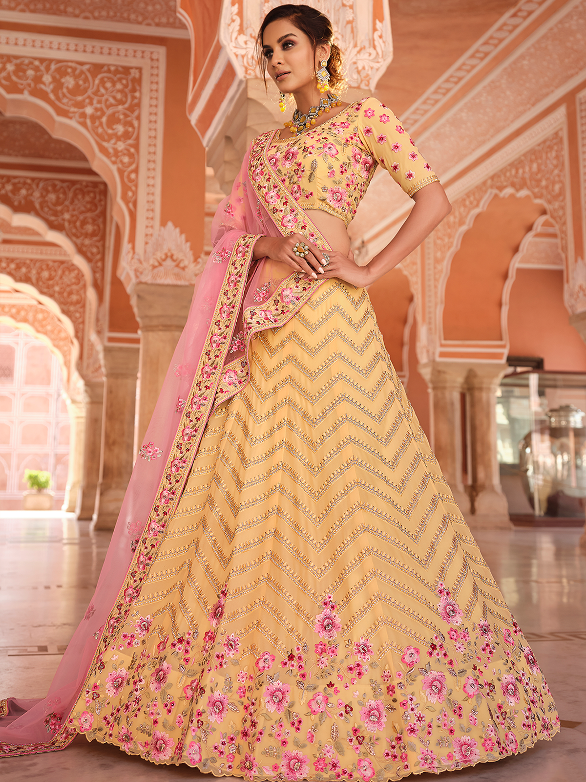 Odette Women Yellow Embroidered Georgette Semi Stitched Lehenga With Unstitched Blouse