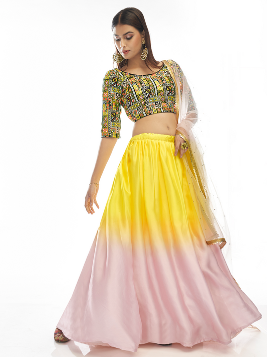 Odette Women Multicolored Embroidered Velvet Semi Stitched Lehenga With Unstitched Blouse