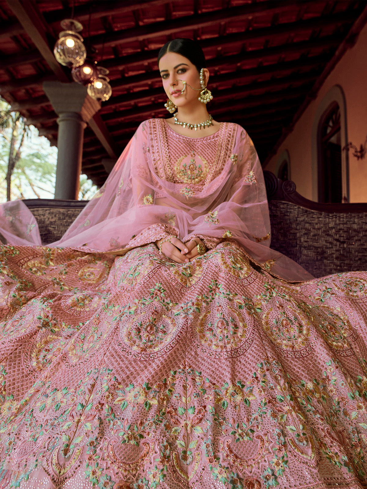 Odette Pink Embroidered Georgette Semi Stitched Lehenga With Blouse For Women