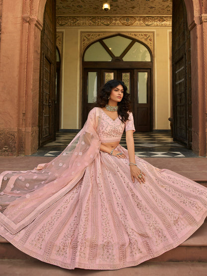 Odette Pink Embroidered Organza Semi Stitched Lehenga With Blouse For Women