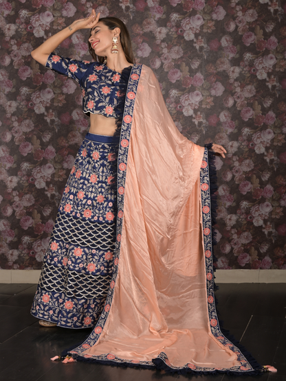 Odette Dark Blue Zari Embroidered Silk Blend Semi-Stitched Lehenga with Stitched Blouse for Women