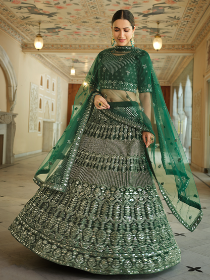Odette Women Green Embroidered Soft Net Semi Stitched Lehenga With Unstitched Blouse