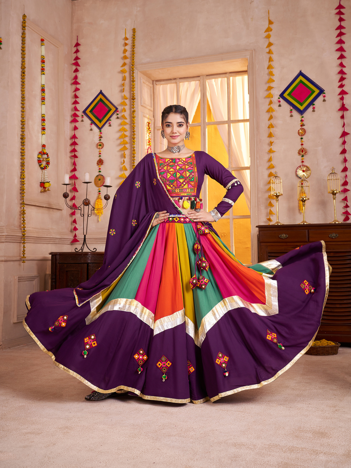 Odette Multicolor Viscose Cotton Embroidered Semi-Stitched Lehenga Choli For Women