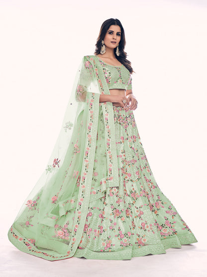 Odette Olive Embroidered Soft Net Semi Stitched Lehenga With Blouse For Women
