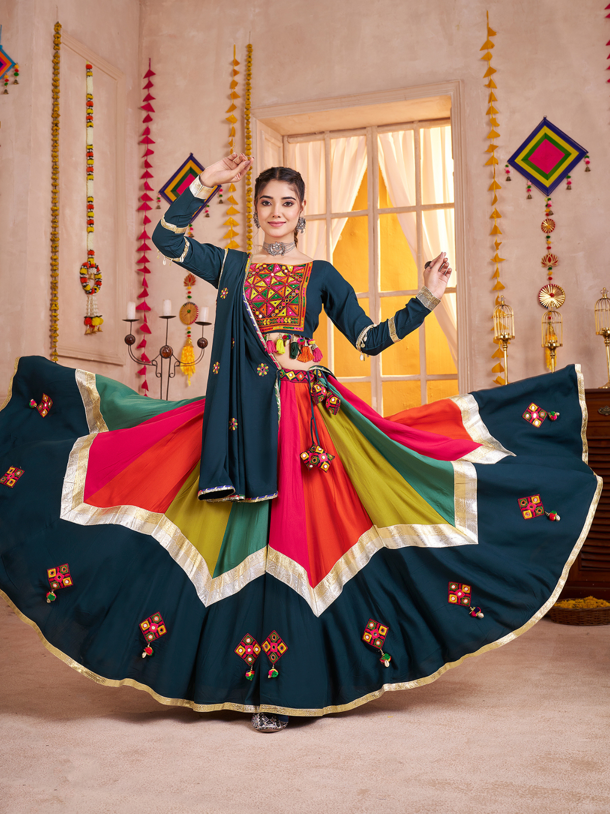 Odette Multicolor Viscose Cotton Embroidered Semi-Stitched Lehenga Choli For Women