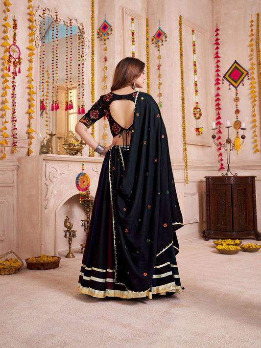 Odette Black Cotton Blend Solid With Golden Border Semi-Stitched Lehenga For Women