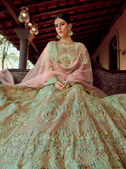 Odette Olive Embroidered Georgette Semi Stitched Lehenga With Blouse For Women