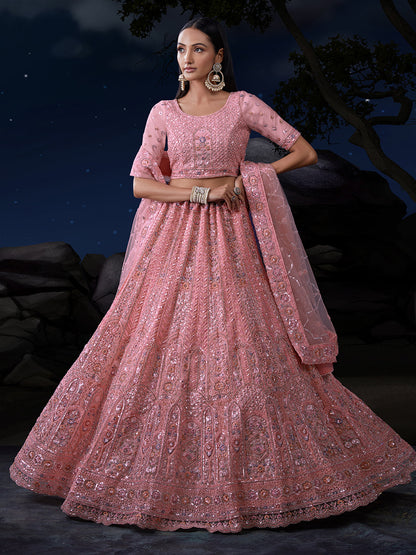 Odette Pink Embellished Soft Net Semi Stitched Lehenga With Blouse For Women