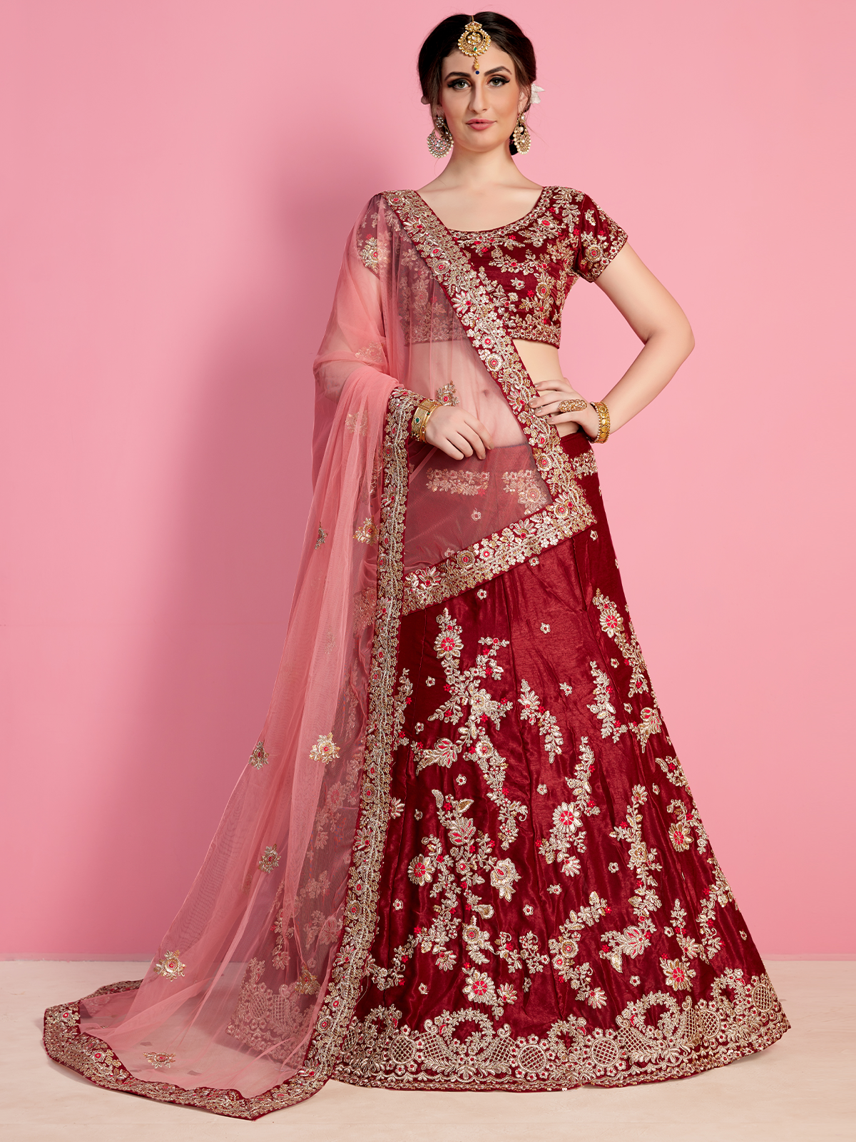 Odette Women Red Embroidered Velvet Silk Semi Stitched Lehenga With Unstitched Blouse