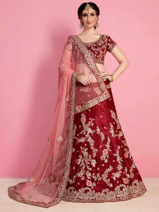 Odette Women Red Embroidered Velvet Silk Semi Stitched Lehenga With Unstitched Blouse