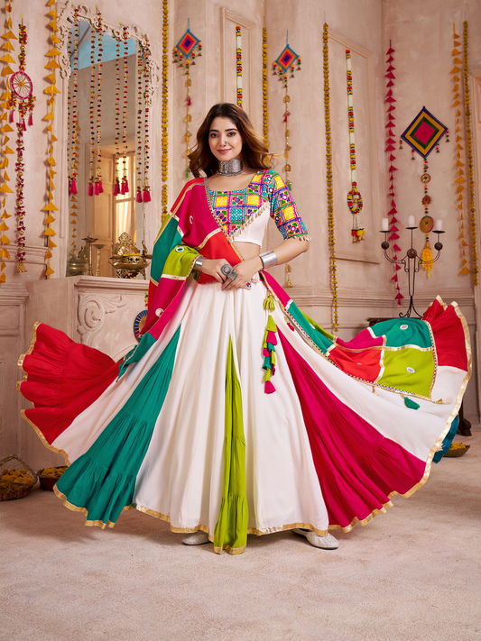 Odette Multicolor Viscose Cotton Embroidered Semi-Stitched Lehenga Choli For Women