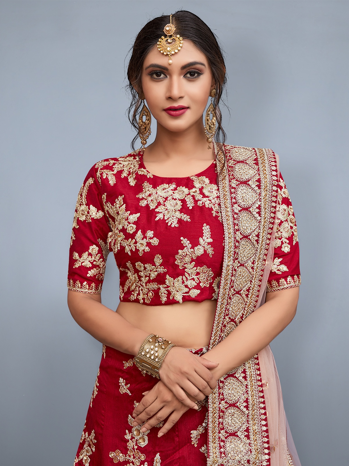 Odette Women Red Embroidered Semi Stitched Lehenga With Unstitched Blouse