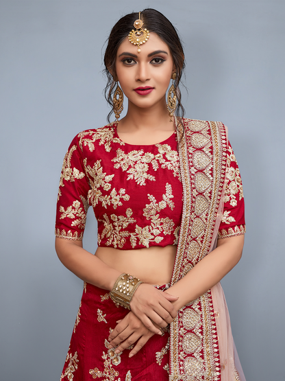 Odette Women Red Embroidered Semi Stitched Lehenga With Unstitched Blouse