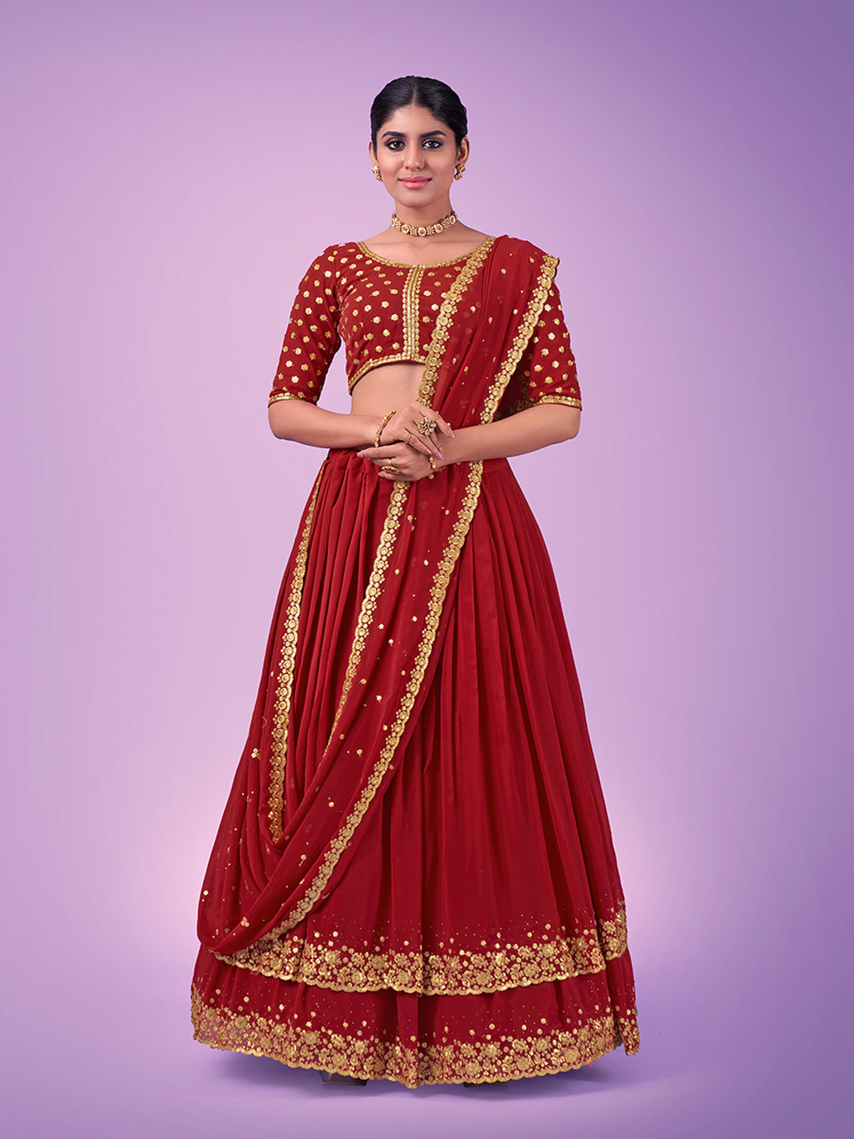 Odette Red Embroidered Georgette Semi Stitched Lehenga With Blouse For Women