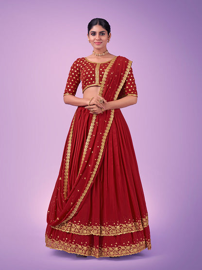 Odette Red Embroidered Georgette Semi Stitched Lehenga With Blouse For Women