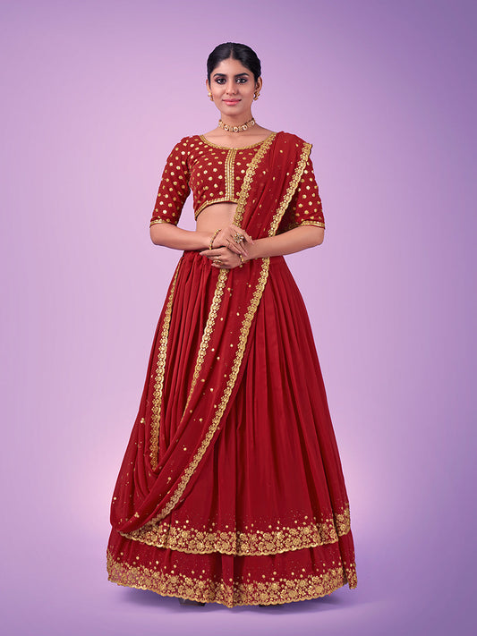 Odette Red Embroidered Georgette Semi Stitched Lehenga With Blouse For Women