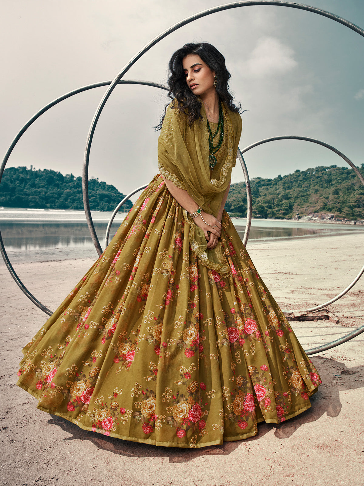 Odette Olive Printed Organza Semi Stitched Lehenga With Blouse For Women