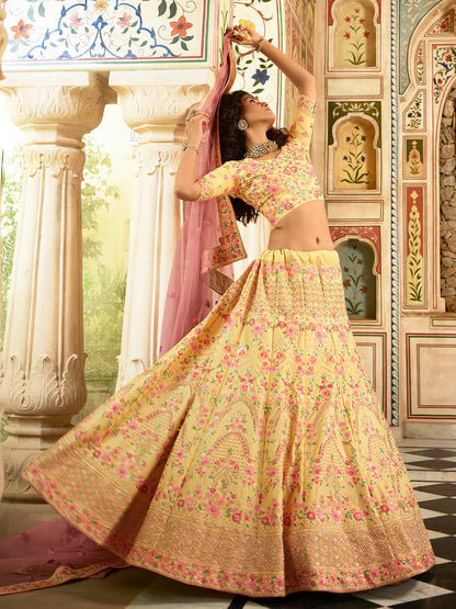 Odette Yellow Embroidered Art Silk Semi Stitched Lehenga With Blouse For Women