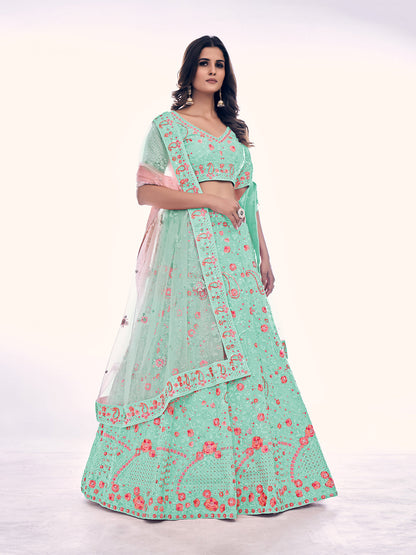Odette Sea Green Embroidered Soft Net Semi Stitched Lehenga With Blouse For Women