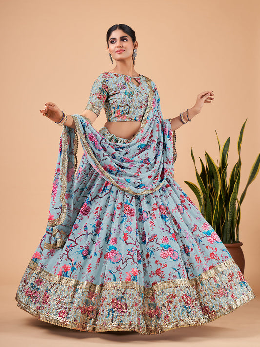 Odette Women Light Blue Printed And Embroidered Semi Stitched Lehenga With Unstitched Blouse