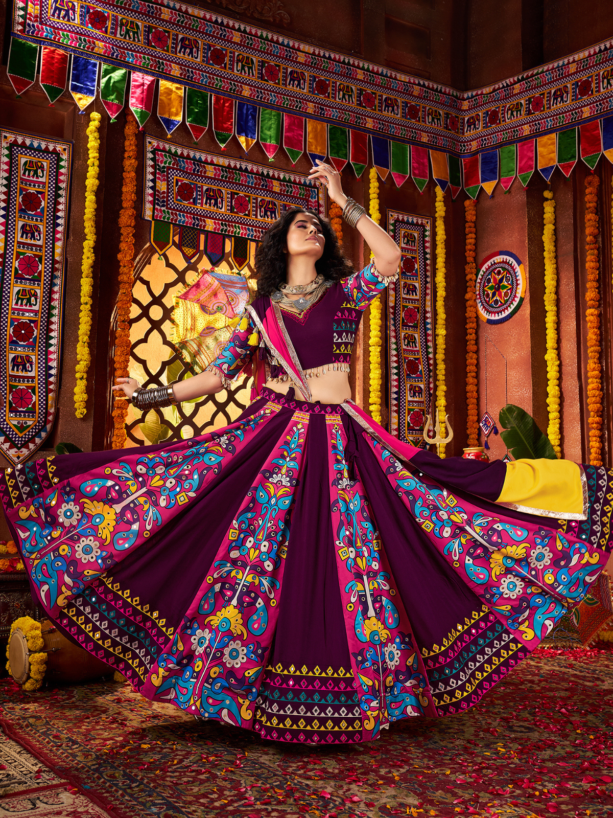 Odette Purple Viscose Cotton Printed Semi-Stitched Lehenga For Women