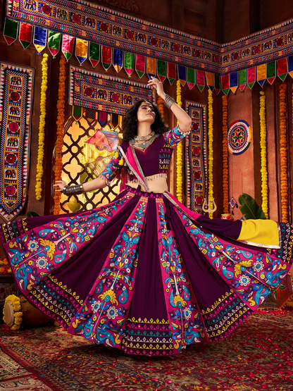 Odette Purple Viscose Cotton Printed Semi-Stitched Lehenga For Women