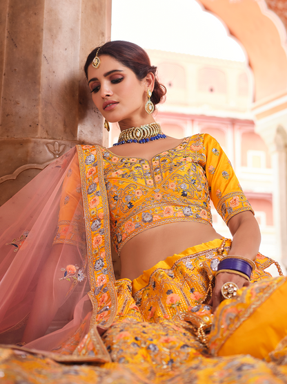 Odette Women Mustard Swarovski Embroidered Crepe Semi Stitched Lehenga With Unstitched Blouse