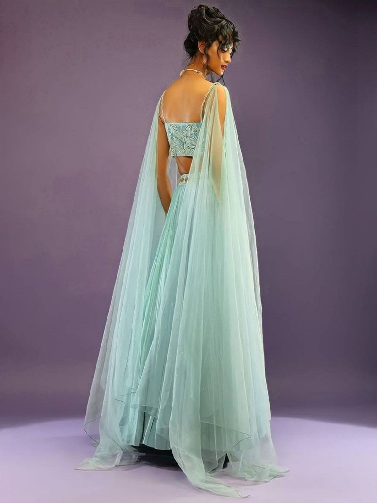 Odette Sky Blue Georgette Solid Semi-Stitched Lehenga For Women