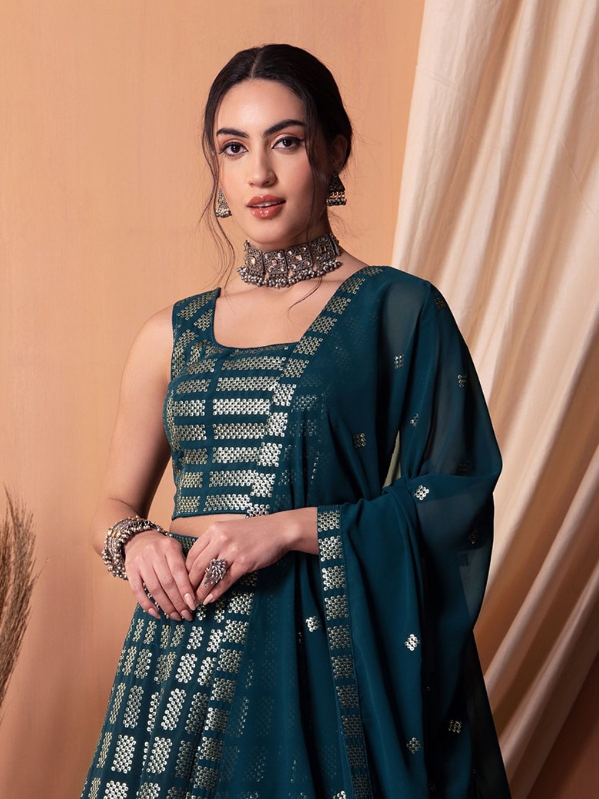 Odette Teal Georgette Embellished Semi-Stitched Lehenga For Women